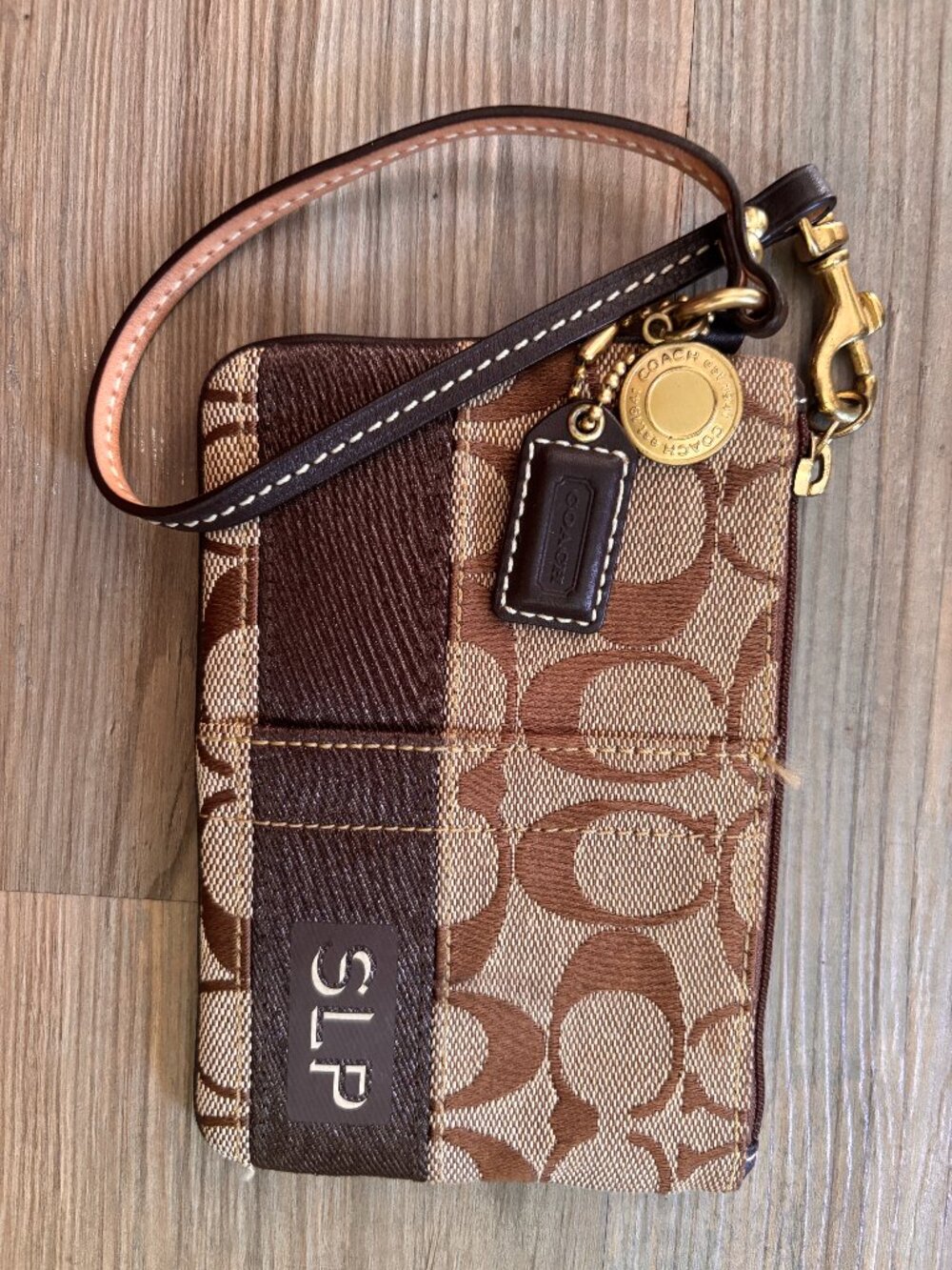 Coach Signature Brown Tan Wristlet Vintage Monogram Canvas Leather Strap